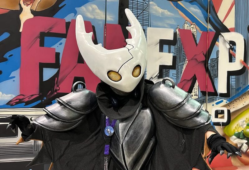 Completed Hollow Knight mask and armor cosplay at a convention