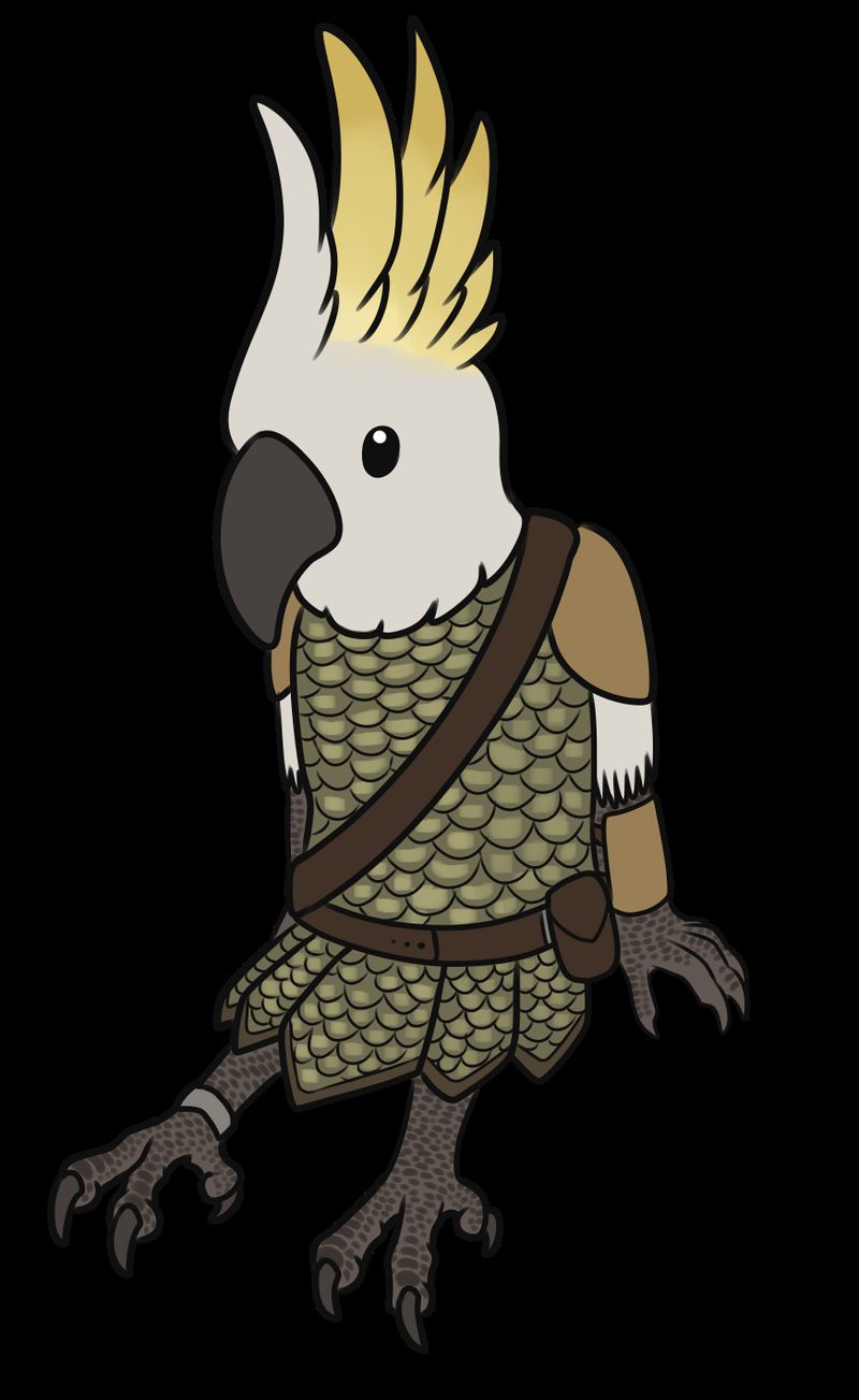 Cockatiel illustrated wearing fantasy scale armor
