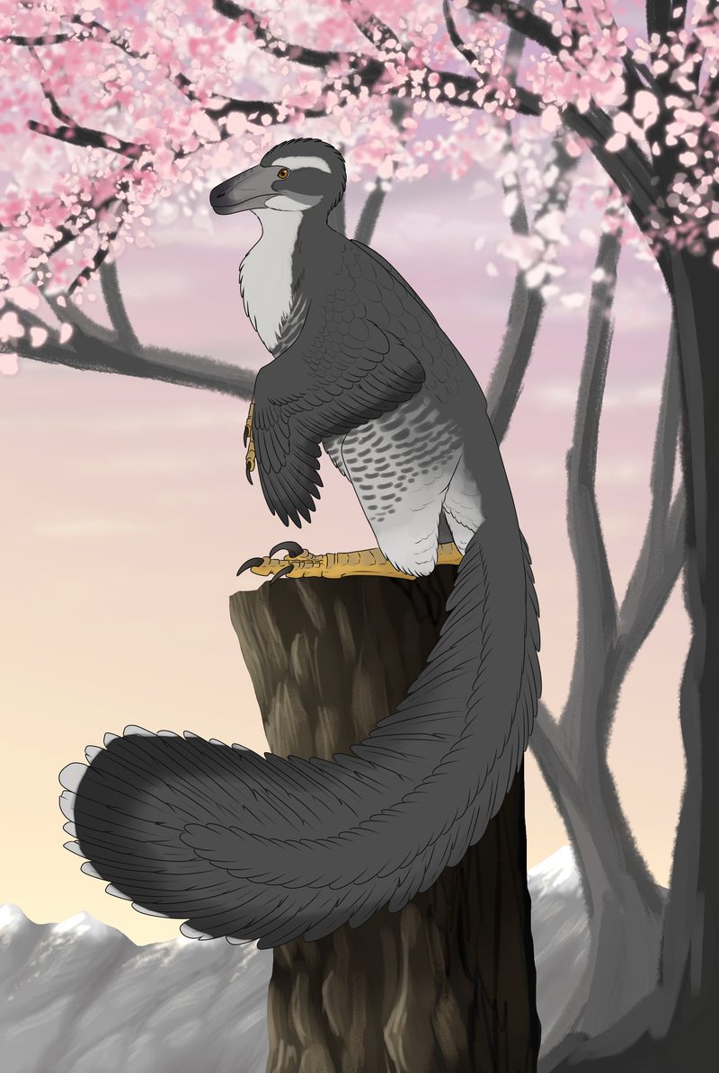 Feathered dinosaur perched on a stump beneath cherry blossoms