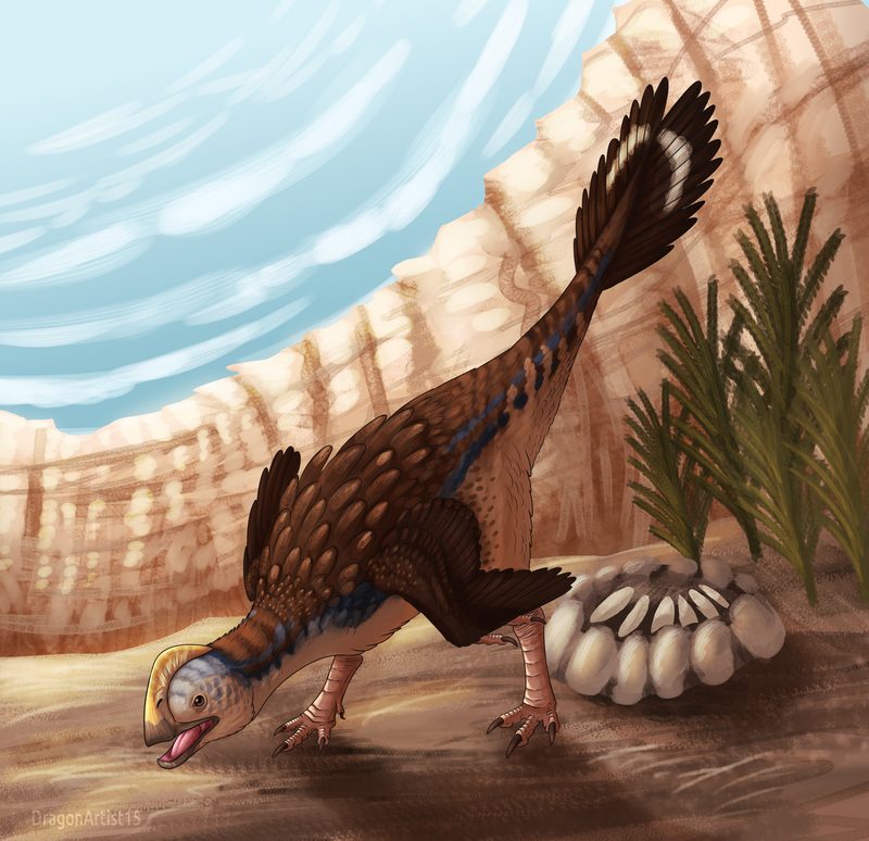 Feathered dinosaur guarding a nest of eggs in a desert canyon